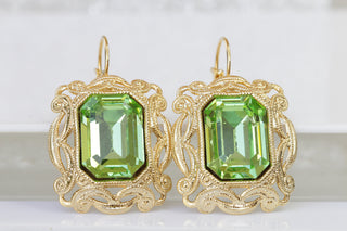 PERIDOT STATEMENT EARRINGS, Light Green Filigree Rebeka Earrings, Bridal Green Gold Drop Earrings, Peridot Crystal Earrings, Emerald Cut