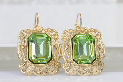 PERIDOT STATEMENT EARRINGS, Light Green Filigree Rebeka Earrings, Bridal Green Gold Drop Earrings, Peridot Crystal Earrings, Emerald Cut