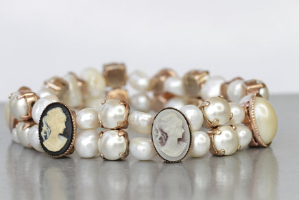 PEARL CAMEO BRACELET, Victorian Toggle Cameo Bangle, Women Gift,  Freshwater Pearl Stretch Bracelet, Antique Beaded Bracelet Cameo Bracelet