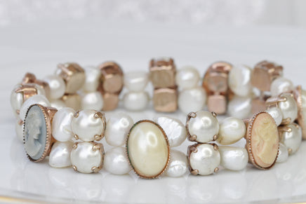 PEARL CAMEO BRACELET, Victorian Toggle Cameo Bangle, Women Gift,  Freshwater Pearl Stretch Bracelet, Antique Beaded Bracelet Cameo Bracelet