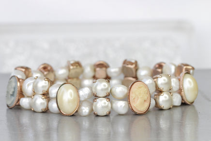 PEARL CAMEO BRACELET, Victorian Toggle Cameo Bangle, Women Gift,  Freshwater Pearl Stretch Bracelet, Antique Beaded Bracelet Cameo Bracelet