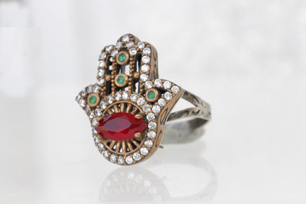 HAMSA RUBY Emerald RING, Evil Eye Ring, Silver Sterling And Brass Eye Ring, Hand Of Fatima Ring, Hamsa Ring, Protection Ring, Gift For Her