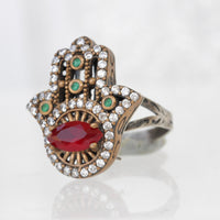 HAMSA RUBY Emerald RING, Evil Eye Ring, Silver Sterling And Brass Eye Ring, Hand Of Fatima Ring, Hamsa Ring, Protection Ring, Gift For Her