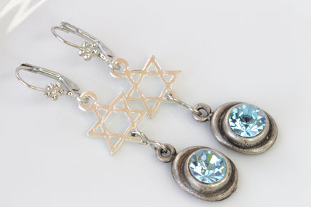 STAR OF DAVID Earrings, Jewish Jewelry, Aquamarine Earrings, Dangle Earrings, Light Blue Silver Earrings, Israeli Designer, Gift For Wedding