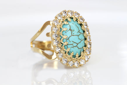 TURQUOISE STONE RING, Gold Turquoise Ring,Natural Stone Jewelry, Gemstone Adjustable Ring, Rebeka Crystal Blue Turquoise Gold Plated Ring