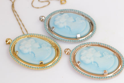 TURQUOISE CAMEO NECKLACE, Statement Blue Gold Cameo Necklace, Rebeka Necklace,Unique Vintage Necklace, Lacey Cameo Necklace,Women Jewelry