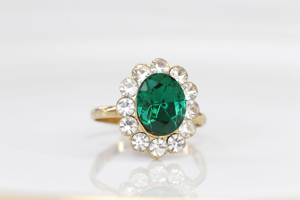 Emerald Gold Ring, Engagement Rings, Art Deco Ring, Big Zircons Ring, Pave Ring, Green Stone Ring, Princess Diana Historic Lady D inspired