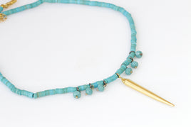 GOLD TURQUOISE NECKLACE, Beaded Turquoise Necklace, Flat Beads Turquoise Necklace, Genuine Turquoise Necklace, Blue Gold Choker Necklace