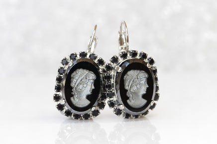 BLACK CAMEO EARRINGS, Man Portrait Earrings, Victorian Earrings, Retro Vintage Earrings, Dangle Cameo Earrings, Jet Rebeka Oval Earrings,