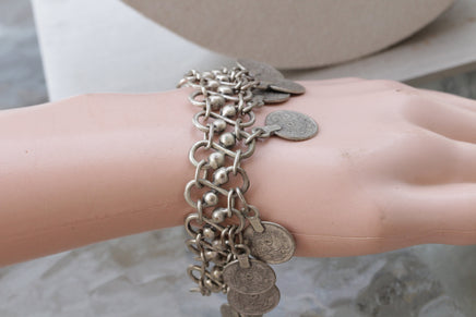 COIN Cha cha bracelet, Antique Silver bracelet, Dangly bracelet, Charm bracelet, Chunky Medallion Bracelet , Multi Dangling Charm Bracelet