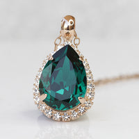 EMERALD NECKLACE, Rebeka Birthstone Necklace, Dark Green Necklace, Emerald Wedding Jewelry Set, Emerald Bridal Teardrop Pendant ,Earrings