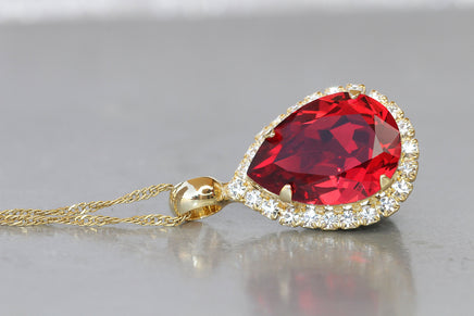 RED RUBY NECKLACE, Red Rebeka Necklace, Teardrop Ruby Pendant, Gold Red Ruby Crystal Necklace, Classic Bridal Red Jewelry, Gift For Wife.