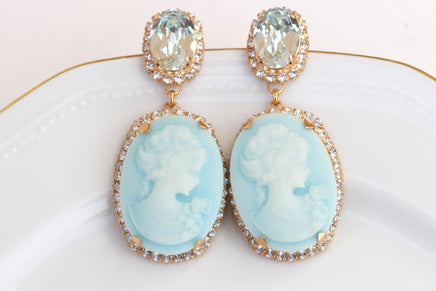 BIG CAMEO EARRINGS, Blue Turquoise Cameo Earrings, Victorian Vintage Bridal Earrings, Chandelier Ice Blue Earrings, Rebeka Earrings, Gift