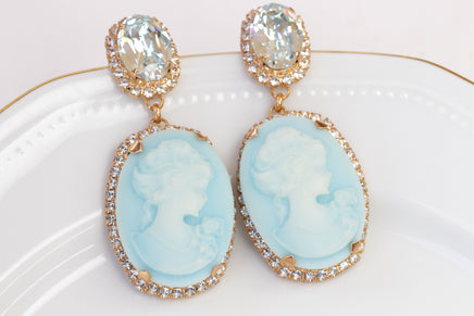 BIG CAMEO EARRINGS, Blue Turquoise Cameo Earrings, Victorian Vintage Bridal Earrings, Chandelier Ice Blue Earrings, Rebeka Earrings, Gift