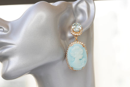 BIG CAMEO EARRINGS, Blue Turquoise Cameo Earrings, Victorian Vintage Bridal Earrings, Chandelier Ice Blue Earrings, Rebeka Earrings, Gift