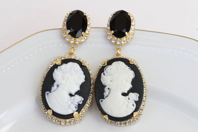 BLACK And White CAMEO EARRINGS, Statement Cameo Earrings, Victorian Vintage Bridal Earrings, Chandelier Evening Earrings, Rebeka Earrings