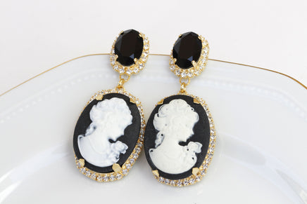 BLACK And White CAMEO EARRINGS, Statement Cameo Earrings, Victorian Vintage Bridal Earrings, Chandelier Evening Earrings, Rebeka Earrings