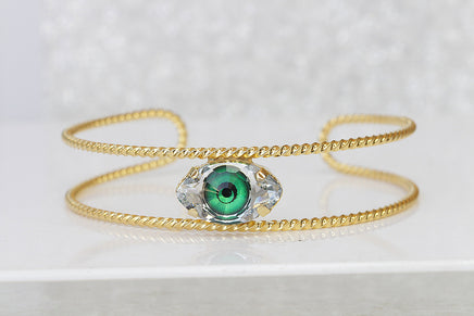 GREEN EYE BRACELET,  Eye Protection Bracelet, Rebeka Crystals,Evil Eye Jewelry, Adjustable Cuff Bracelet,Emerald Green Eye Bohemian Style