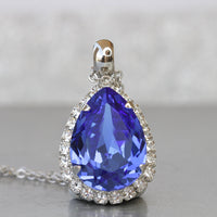 BLUE NECKLACE, Blue Sapphire Necklace, Blue Royal Wedding Jewelry, Teardrop Silver Blue Necklace, Rebeka Crystal Lady D Style Necklace