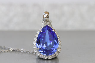 BLUE NECKLACE, Blue Sapphire Necklace, Blue Royal Wedding Jewelry, Teardrop Silver Blue Necklace, Rebeka Crystal Lady D Style Necklace