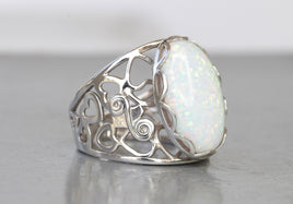 SILVER Opal Ring, White Fire Opal Ring, Opal Oval Ring, October Birthstone Ring, White Opal Ring, Women;s Opal Ring, Filigree Opal Ring Gift