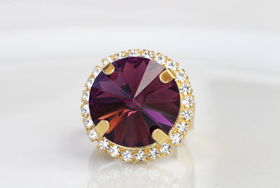 PURPLE RING, Ametyst Rebeka Ring, Evening Cocktail Jewelry, Cocktail Statement Ring, Dark Purple Crystal Round Ring,Large Adjustable Ring