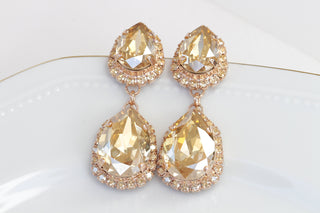 Champagne CHANDELIER EARRINGS, Rebeka Woman Evening Earrings, Bridesmaid Golden Shadow, Bride Gift, Light Silk Topaz Bridal Long Earrings