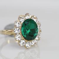 Emerald Gold Ring, Engagement Rings, Art Deco Ring, Big Zircons Ring, Pave Ring, Green Stone Ring, Princess Diana Historic Lady D inspired