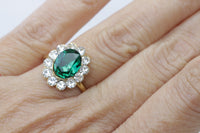 Emerald Gold Ring, Engagement Rings, Art Deco Ring, Big Zircons Ring, Pave Ring, Green Stone Ring, Princess Diana Historic Lady D inspired