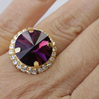 PURPLE RING, Ametyst Rebeka Ring, Evening Cocktail Jewelry, Cocktail Statement Ring, Dark Purple Crystal Round Ring,Large Adjustable Ring