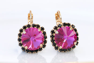 FUCHSIA BLACK EARRINGS, Hot Pink Dangle Earrings, Rebeka Dark Pink Earrings, Sister Earrings Gift, Wedding Fuchsia, Bridesmaid Earrings