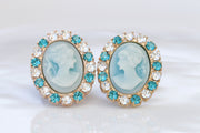 CAMEO EARRINGS, BRIDESMAID Blue White Cameo Stud Earring Set, Blue Cameo earrings, Antique Cameo Jewelry, Rebeka Earrings,Vintage Looking