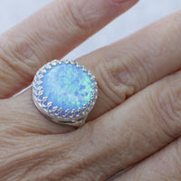 BLUE OPAL Silver Sterling RING, Fire Opal Ring, Gemstone ring, October Birthstone, Opal 925 Ring, Circle Statement Opal Ring, Opal Big Ring