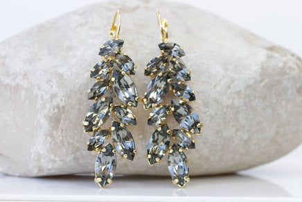 GRAY WEDDING EARRINGS, Black Diamond Bridal Earrings, Gray Evening Earrings, Rebeka leaves Earrings,Grey Gold Drop Long Statement Earring