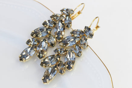 GRAY WEDDING EARRINGS, Black Diamond Bridal Earrings, Gray Evening Earrings, Rebeka leaves Earrings,Grey Gold Drop Long Statement Earring