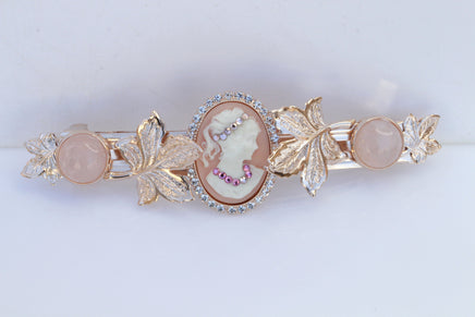 CAMEO HAIR BARRETTE, Large Barrette Pink Cameo, Bridal Hair Barrette,Wedding Hair Clip, French Barrette, Rose Gold Leaves Hair Barrette Gift