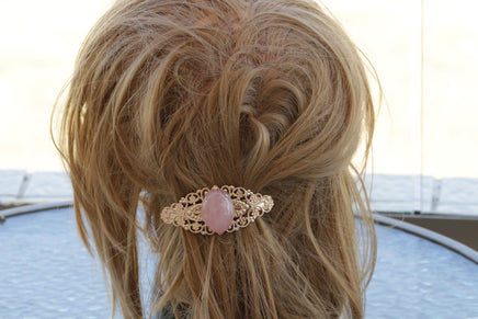 ROSE QUARTZ  BARRETTE, Lace Vintage Hair Barrette,Chunky Hair Clip Barrette, Rose Gold French Barrette, Filigree Barrette Gift,Pink Gemstone