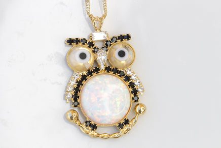 OWL NECKLACE, Owl White Opal Necklace, Owl Crystals Pendant, Unique Jewelry Gift, Cute Charm Necklace, Handmade Animal Jewelry,Bird Necklace