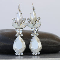 PEARL BRIDAL EARRINGS, Ivory Pearl And White Opal Wedding Earrings, Rebeka Earrings, Silver Dangle Earrings, Bridal Drop Long Earrings