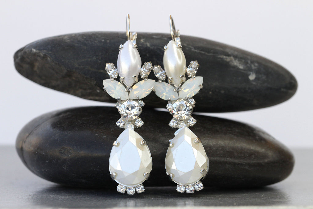 PEARL BRIDAL EARRINGS, Ivory Pearl And White Opal Wedding Earrings, Rebeka Earrings, Silver Dangle Earrings, Bridal Drop Long Earrings