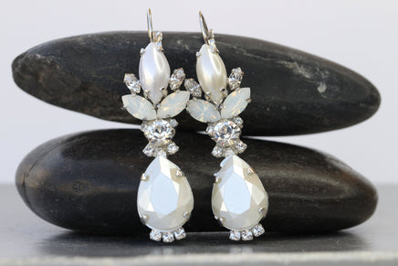 PEARL BRIDAL EARRINGS, Ivory Pearl And White Opal Wedding Earrings, Rebeka Earrings, Silver Dangle Earrings, Bridal Drop Long Earrings