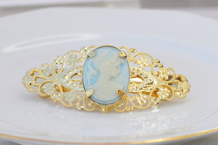 Blue CAMEO HAIR BARRETTE, Filigree Vintage Cameo Hair Barrette, Hair Clip Barrette, Bridal French Barrette, Statement Cameo Barrette Gift