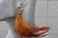 REAL Feather Earring, Tribal Festival Earrings, Orange Feather Earrings, Boho Rebeka Earrings, Statement One Side Earrings,Hippie Earring