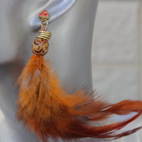 REAL Feather Earring, Tribal Festival Earrings, Orange Feather Earrings, Boho Rebeka Earrings, Statement One Side Earrings,Hippie Earring