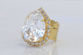 CRYSTAL Rebeka RING, Clear Teardrop Ring, Big Gold Plated Feather Ring, Pear Shaped Ring, Woman's Gift, Cocktail Adjustable Bridal Ring