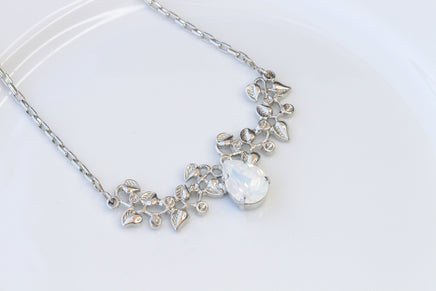 OPAL LEAF NECKLACE, Rebeka Necklace, White Bridal Necklace, Bridal Silver and White Milk Necklace, Wedding Jewelry For Brides, Unique