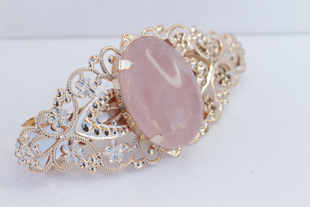 ROSE QUARTZ  BARRETTE, Lace Vintage Hair Barrette,Chunky Hair Clip Barrette, Rose Gold French Barrette, Filigree Barrette Gift,Pink Gemstone