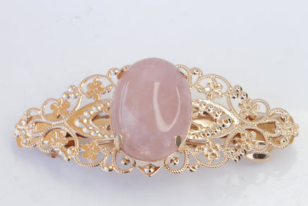 ROSE QUARTZ  BARRETTE, Lace Vintage Hair Barrette,Chunky Hair Clip Barrette, Rose Gold French Barrette, Filigree Barrette Gift,Pink Gemstone