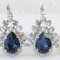 NAVY DROP Earrings, Bridal Blue Navy Statement Earrings, Rebeka Dark Blue Topaz Big Clusters Earring, Wedding Dusty Blue Earrings, Bride