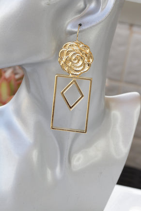 GOLD STATEMENT EARRINGS, Flowers Earrings, Geometric Earrings,  Drop Long Earrings, Bridal Gold Earrings, Ook Earrings, Square Earrings Gift